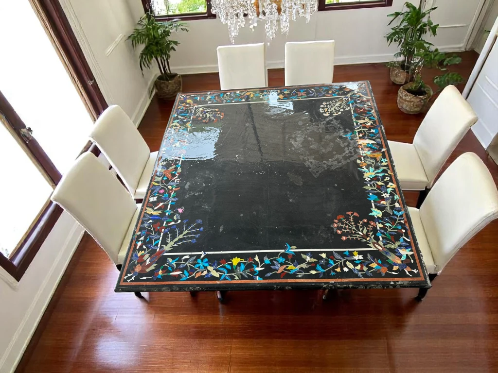 Elegant Square Black Marble Table – Precious Stone Inlaid
